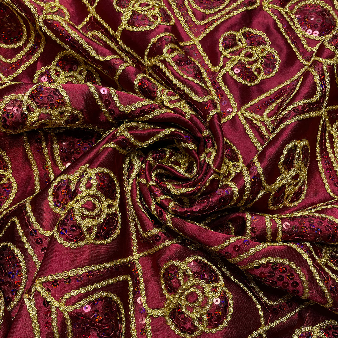 Lions And Tigers And Bears - Sequins Satin Poly Woven - Red/Gold Geometric - 0.75M Bundle (6793953968241)