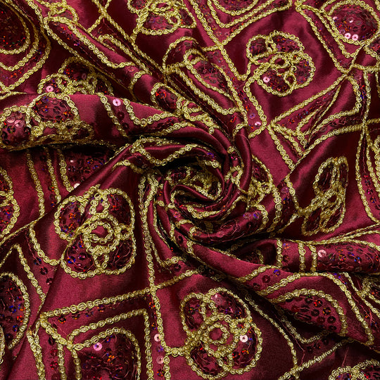 Lions And Tigers And Bears - Sequins Satin Poly Woven - Red/Gold Geometric - 0.75M Bundle (6793953968241)