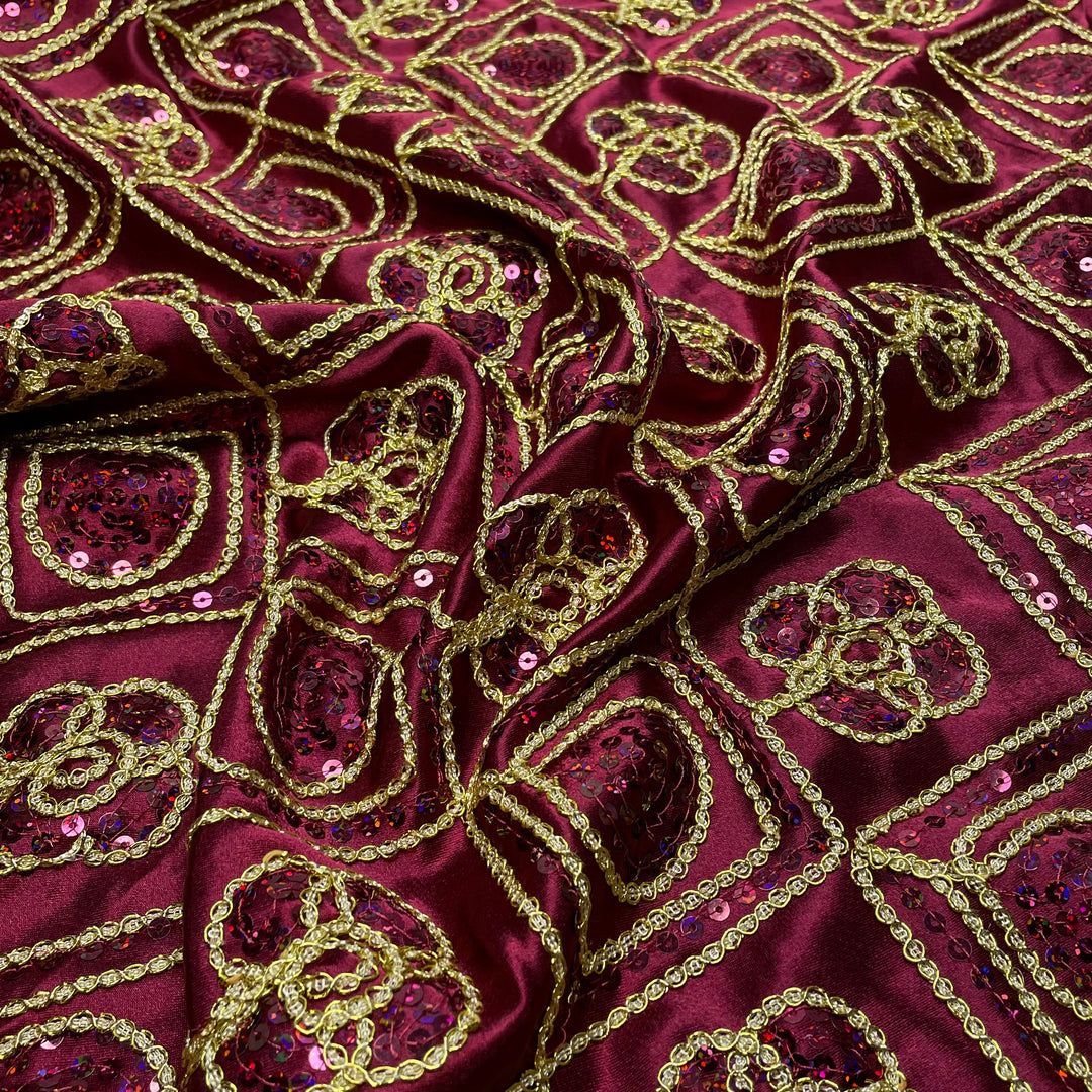 Lions And Tigers And Bears - Sequins Satin Poly Woven - Red/Gold Geometric - 0.75M Bundle (6793953968241)
