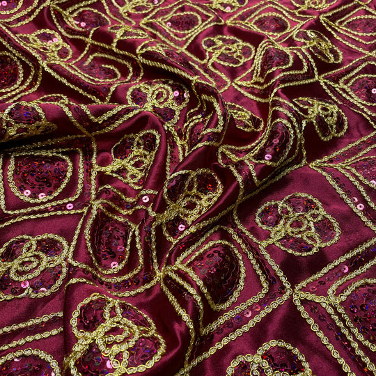 Lions And Tigers And Bears - Sequins Satin Poly Woven - Red/Gold Geometric - 0.75M Bundle (6793953968241)