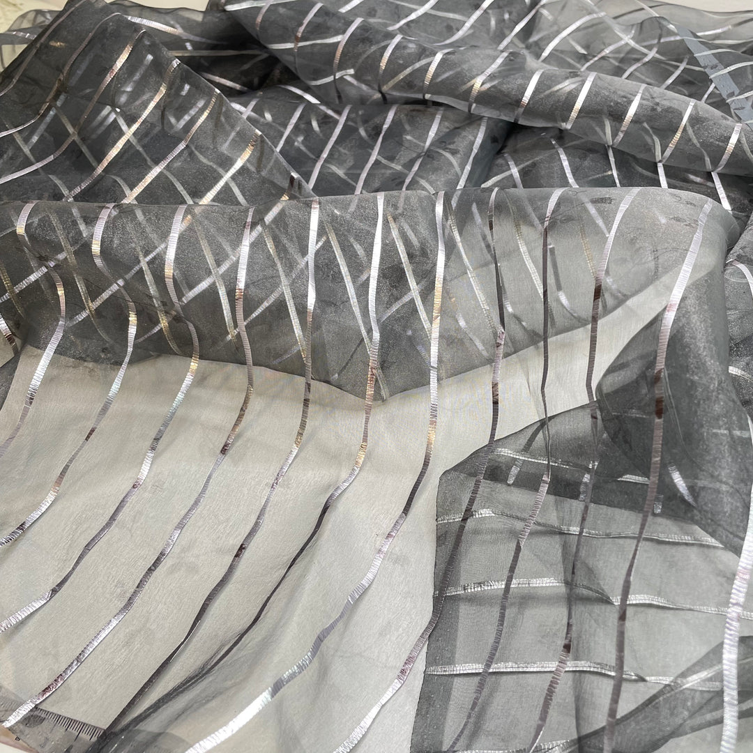 UB - Read Between The Lines - Metallic Taffeta Synthetic Woven - Grey/Silver Stripes And Subtle Floral - 3.3M Bundle (6812093546609)