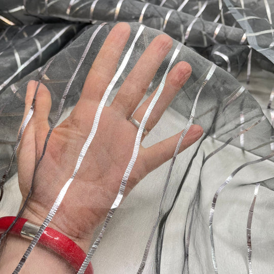 UB - Read Between The Lines - Metallic Taffeta Synthetic Woven - Grey/Silver Stripes And Subtle Floral - 3.3M Bundle (6812093546609)