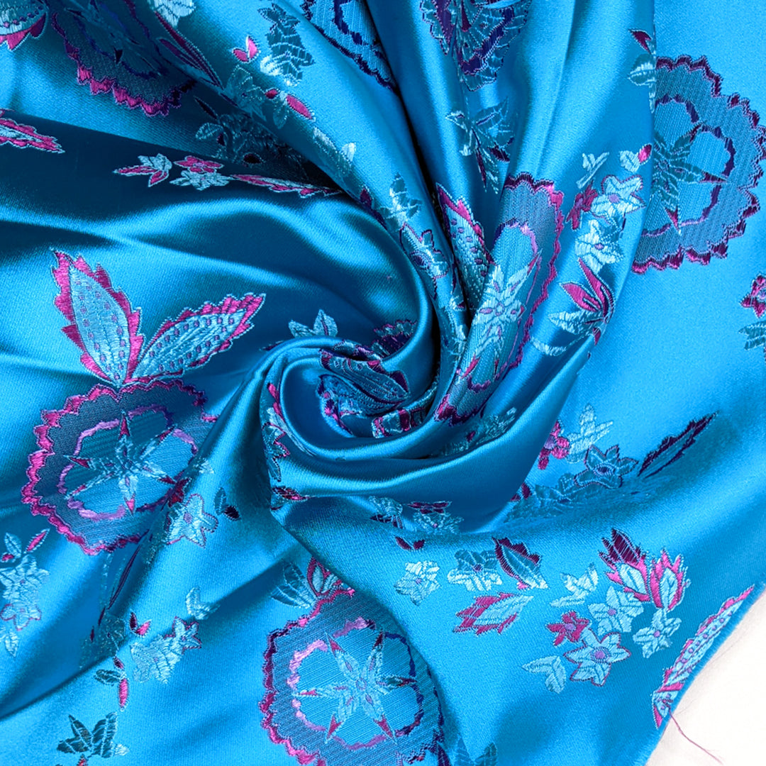 Blue Raspberry Dream - Jacquard Satin Poly Woven - Blue/Purple Floral - 2.4M Bundle