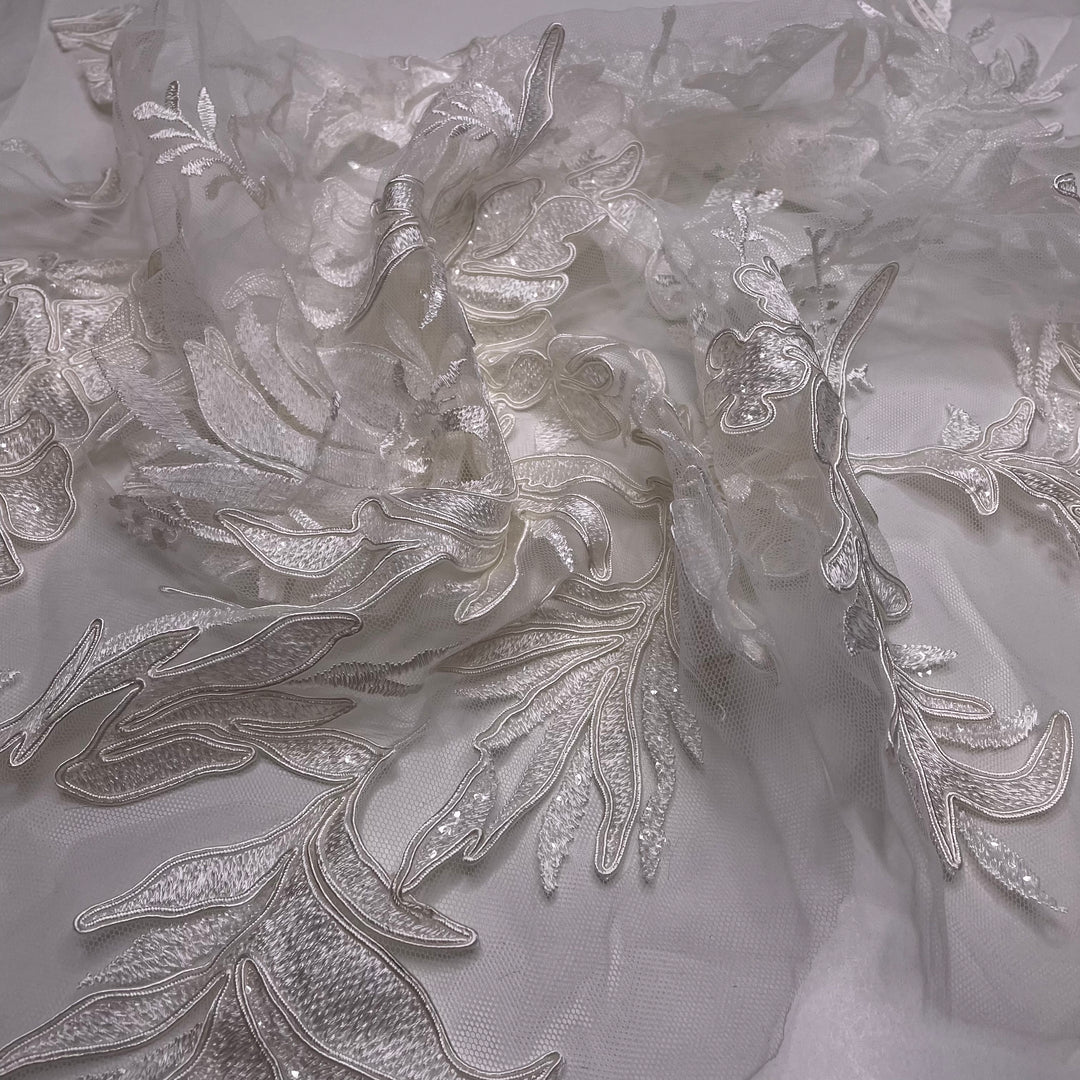 Sprouting Anew - Embroidered With Sequins Mesh Poly Woven - Cream Floral - 2M Bundle