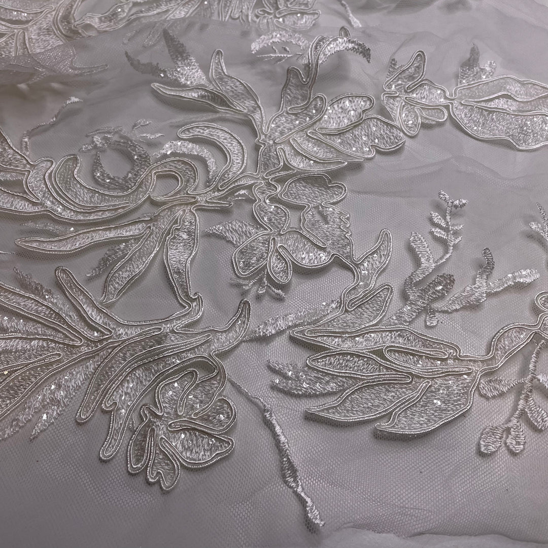 Sprouting Anew - Embroidered With Sequins Mesh Poly Woven - Cream Floral - 2M Bundle