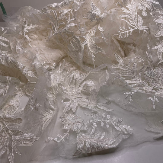 Sprouting Anew - Embroidered With Sequins Mesh Poly Woven - Cream Floral - 2M Bundle