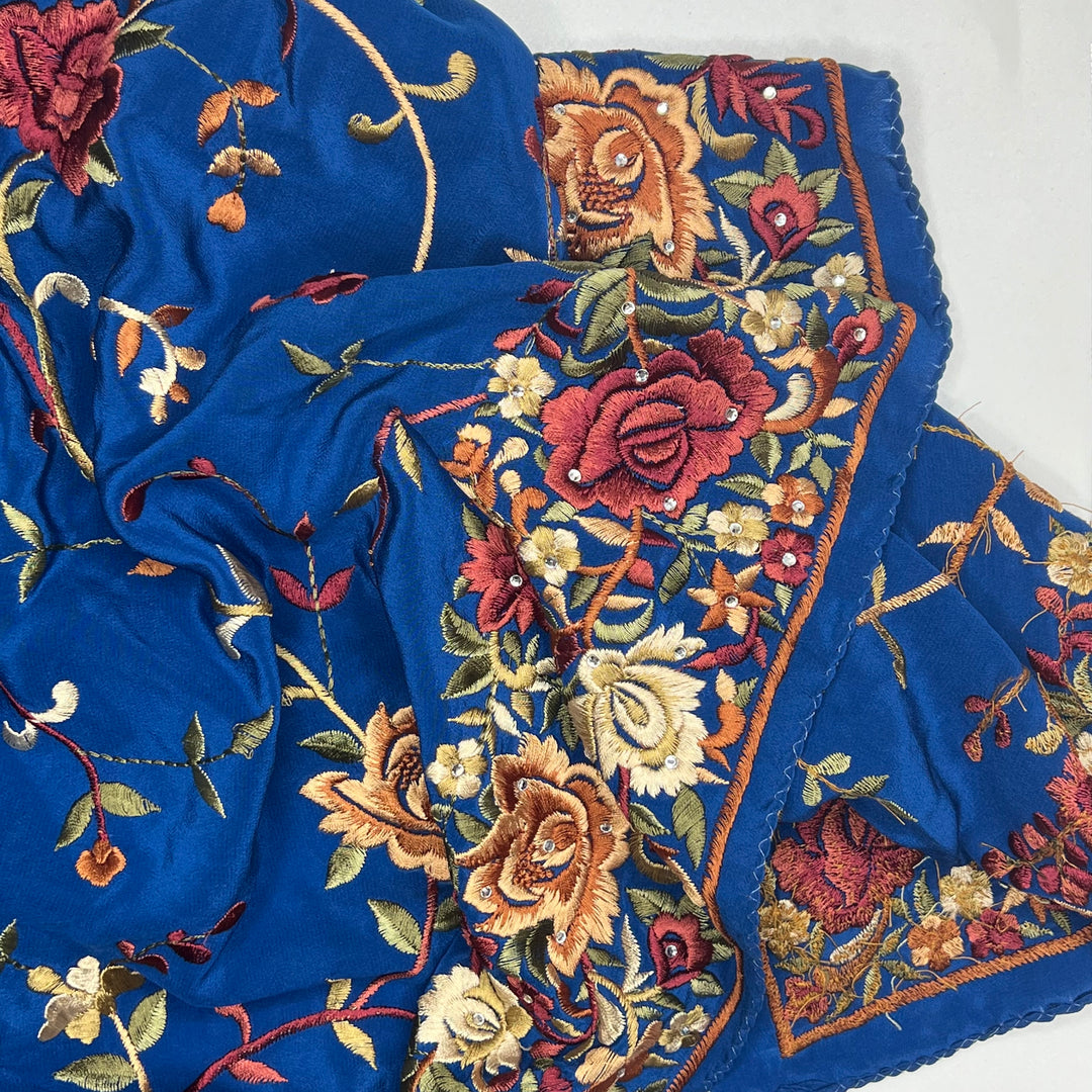 Gate To Magic Garden - Embroidery Silk Woven - Blue/Burgundy Floral - 1.12M Bundle