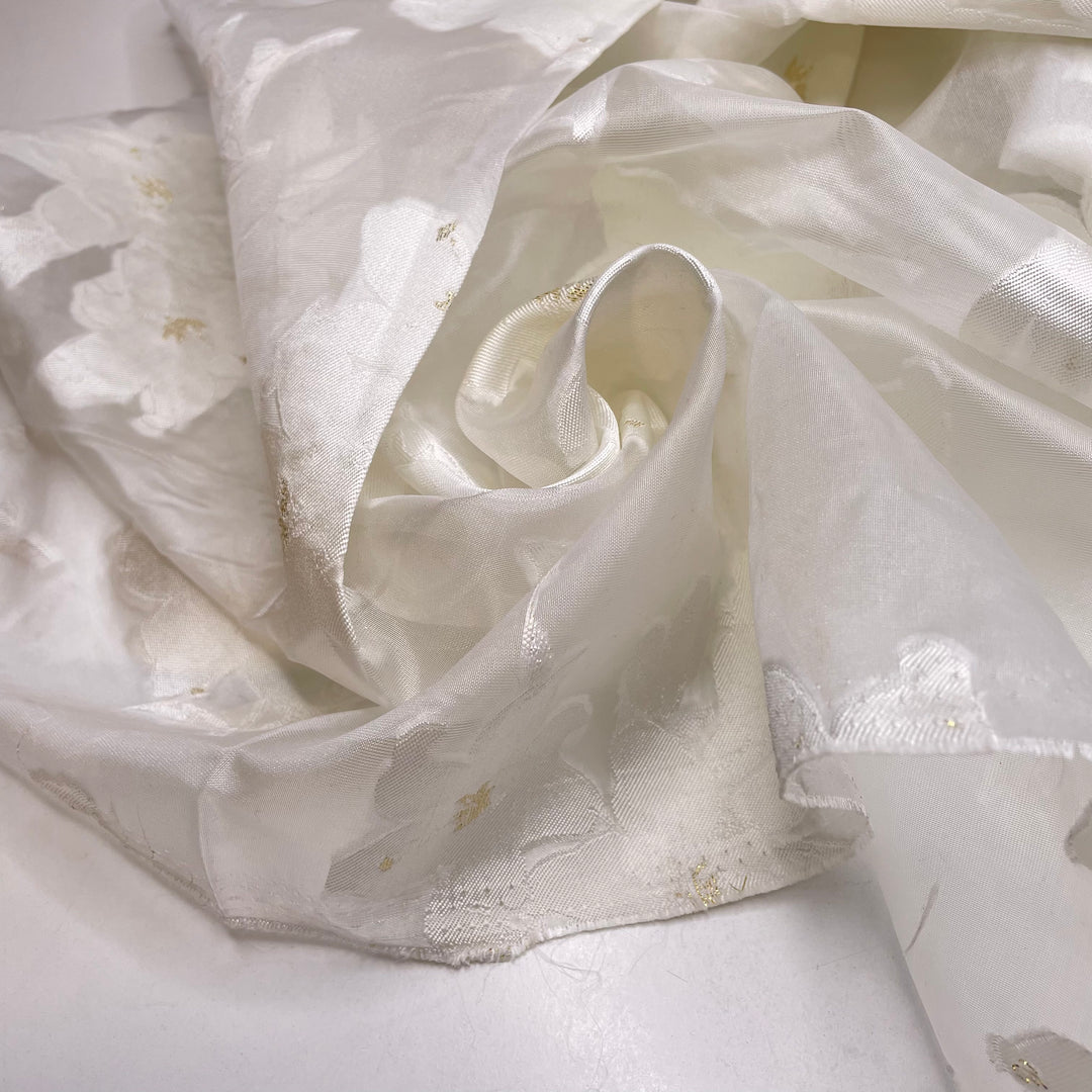 Patagonian Ice Fields - Organza Poly Woven - White/Gold Floral - 4M Bundle