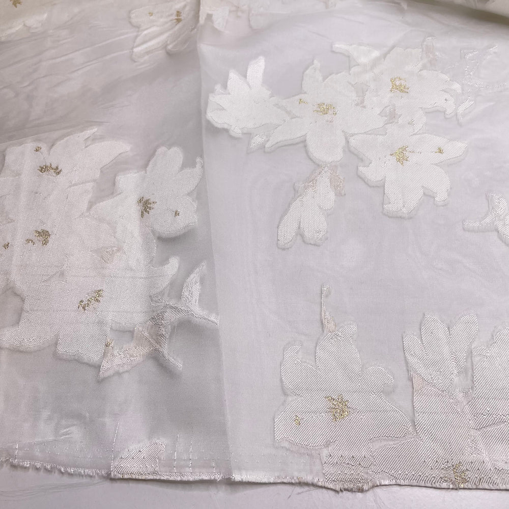 Patagonian Ice Fields - Organza Poly Woven - White/Gold Floral - 4M Bundle