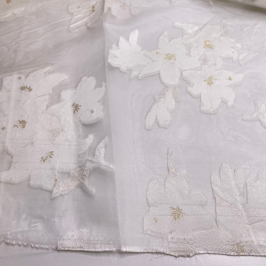 Patagonian Ice Fields - Organza Poly Woven - White/Gold Floral - 4M Bundle