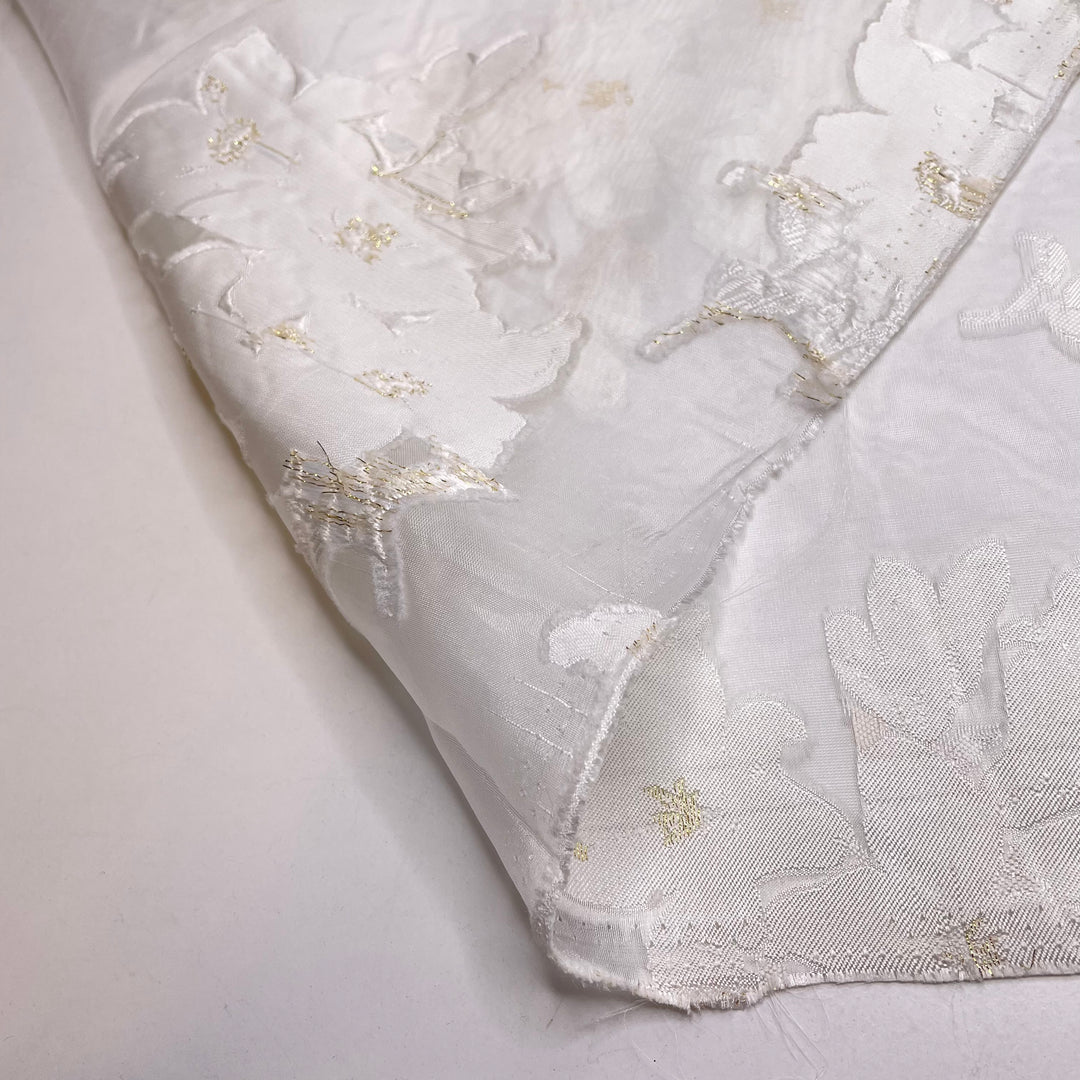 Patagonian Ice Fields - Organza Poly Woven - White/Gold Floral - 4M Bundle