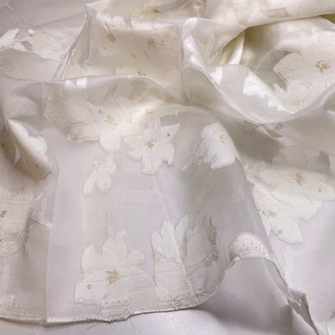 Patagonian Ice Fields - Organza Poly Woven - White/Gold Floral - 4M Bundle