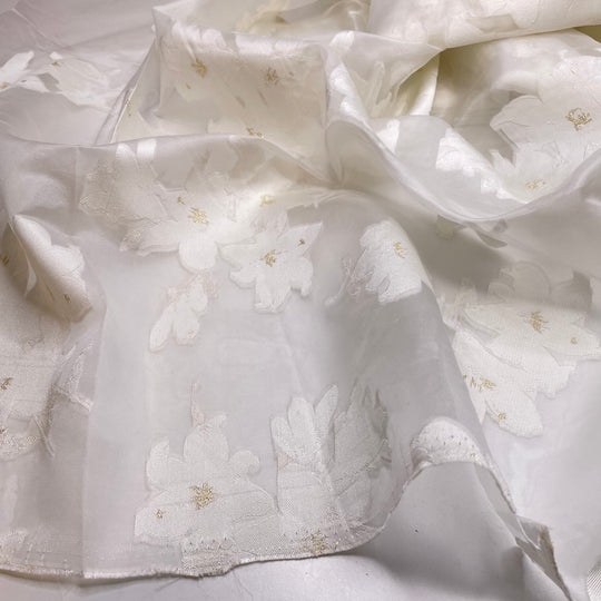 Patagonian Ice Fields - Organza Poly Woven - White/Gold Floral - 4M Bundle