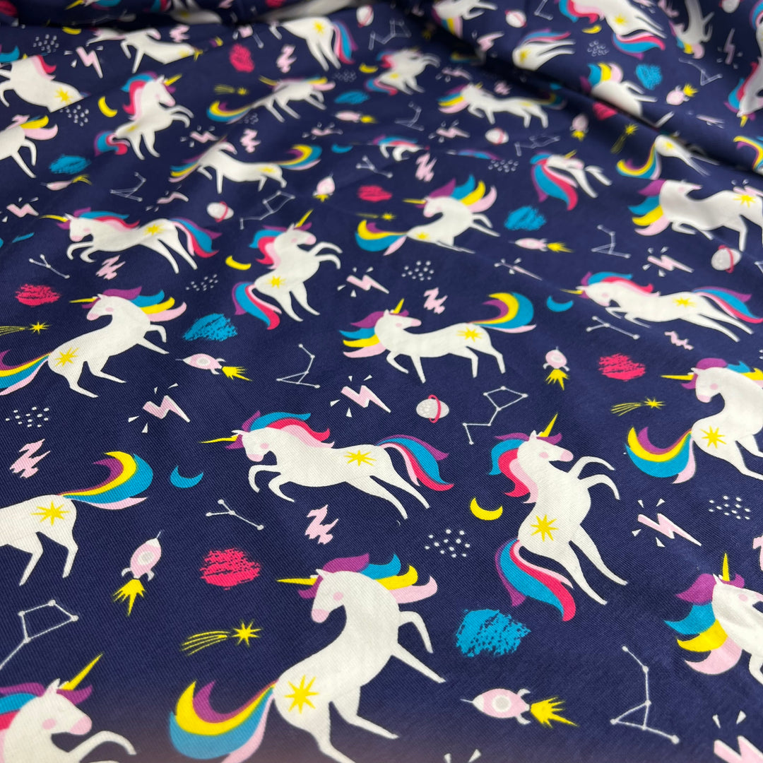 Unicorn Attack - Oeko Tex 100 Europe Jersey Bamboo/Cotton Knit - Dark Blue Multi Unicorns - 0.98M Bundle