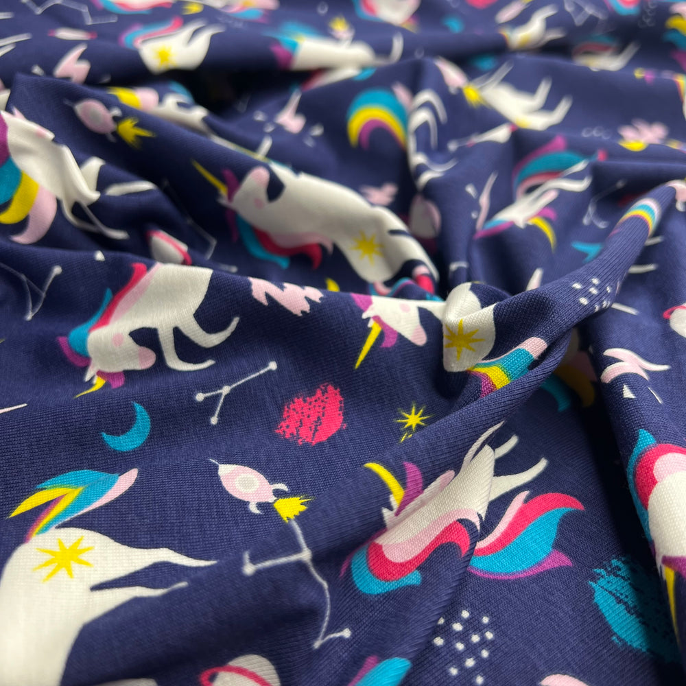 Unicorn Attack - Oeko Tex 100 Europe Jersey Bamboo/Cotton Knit - Dark Blue Multi Unicorns - 0.98M Bundle