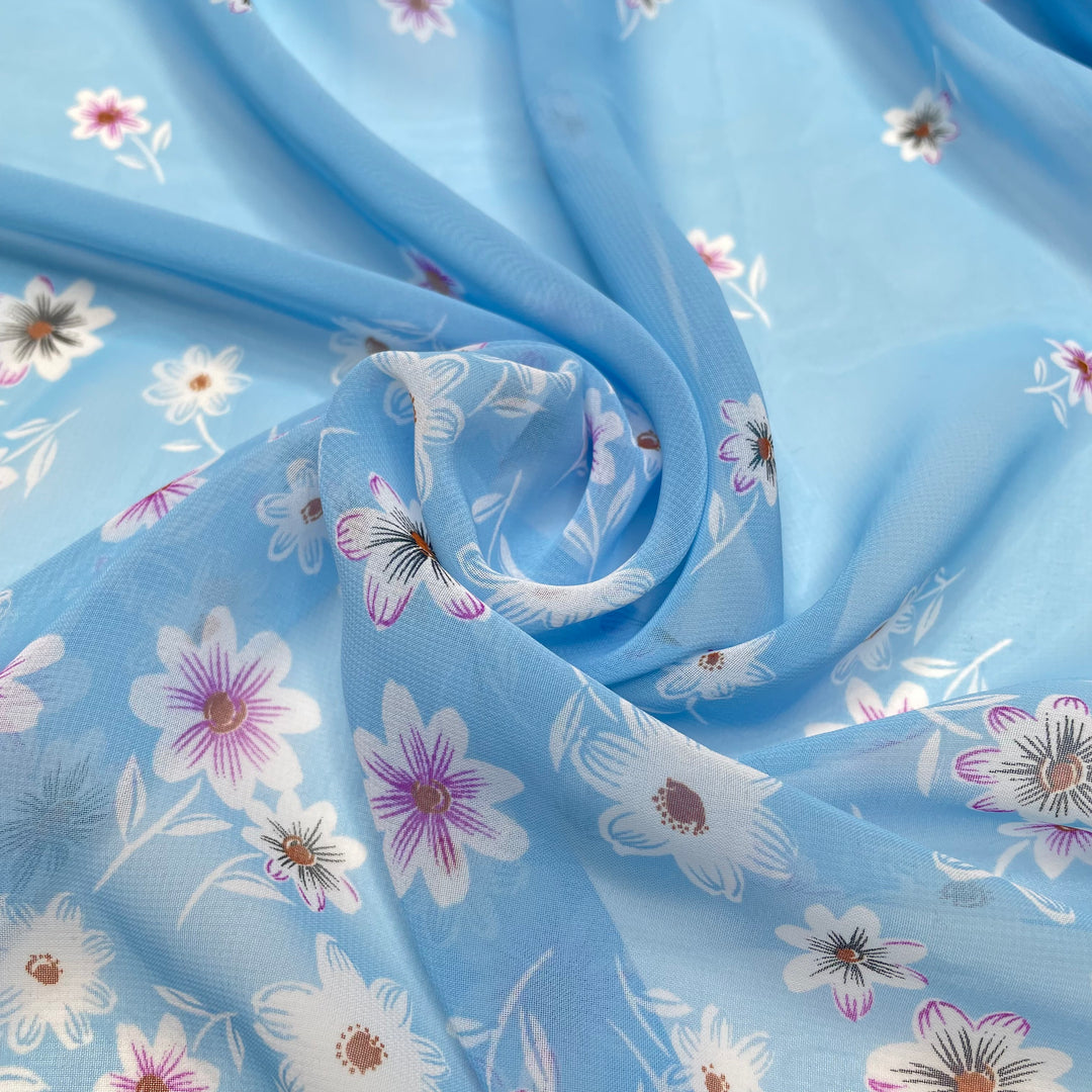 April Showers Bring May Flowers - Chiffon Poly Woven - Blue Multi Floral Border - 2M Bundle