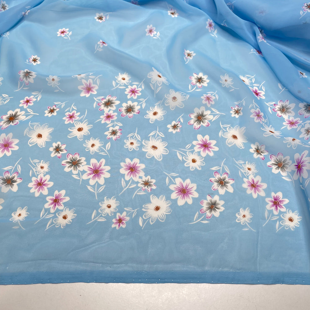 April Showers Bring May Flowers - Chiffon Poly Woven - Blue Multi Floral Border - 2M Bundle