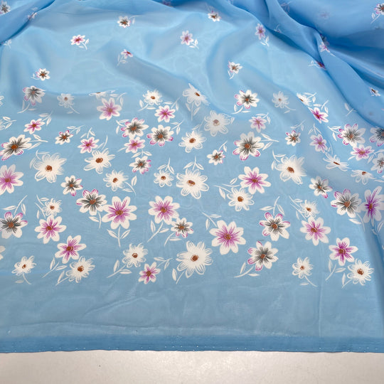 April Showers Bring May Flowers - Chiffon Poly Woven - Blue Multi Floral Border - 2M Bundle