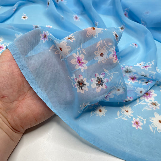 April Showers Bring May Flowers - Chiffon Poly Woven - Blue Multi Floral Border - 2M Bundle