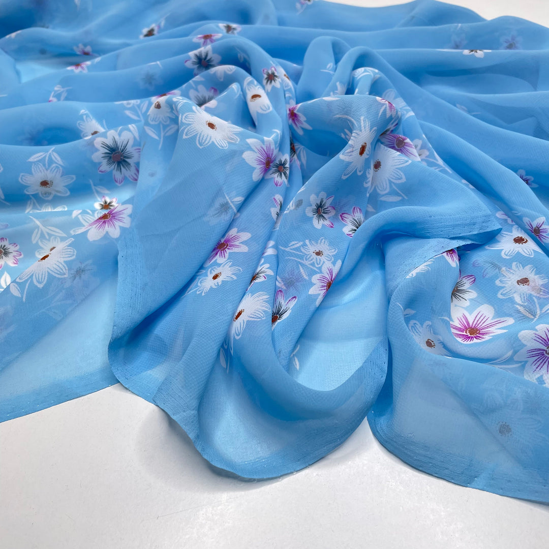 April Showers Bring May Flowers - Chiffon Poly Woven - Blue Multi Floral Border - 2M Bundle