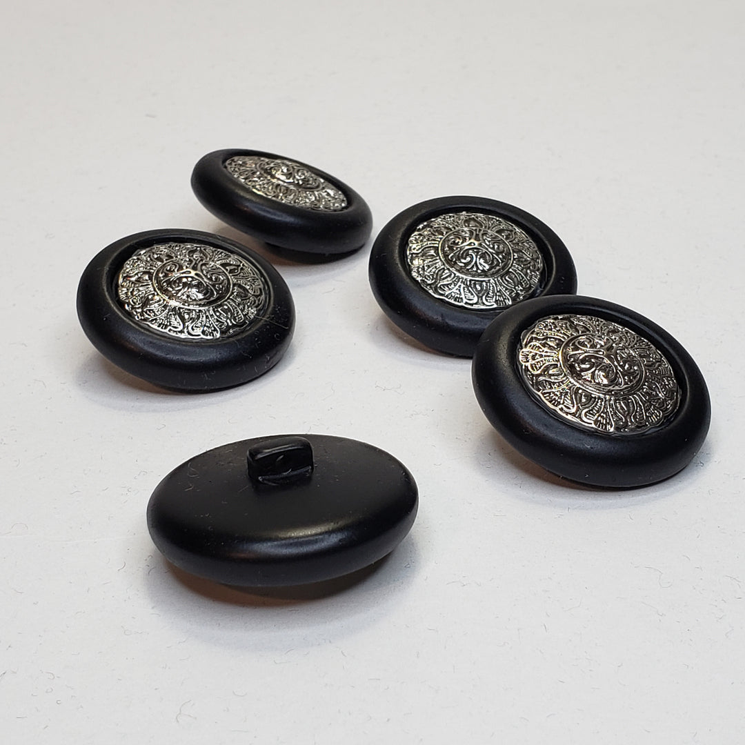 30mm Shank Button - Silver detail in Black Plastic - Individual - FABCYCLE Deadstock and Sustainble Fabrics and Sewing Supplies (4631727308913)