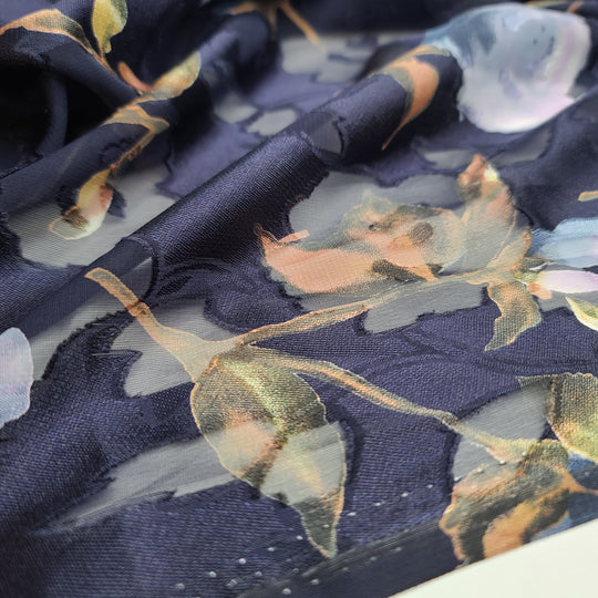 UNBOXING-rose Garden Bloom - Burnout pattern Poly/Silk Woven - Navy Multi Floral - 1.5M Bundle - FABCYCLE Deadstock and Sustainble Fabrics and Sewing Supplies (6569541402737)