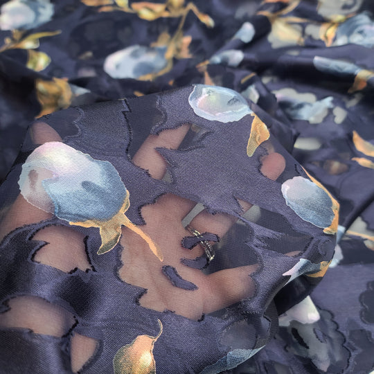 UNBOXING-rose Garden Bloom - Burnout pattern Poly/Silk Woven - Navy Multi Floral - 1.5M Bundle - FABCYCLE Deadstock and Sustainble Fabrics and Sewing Supplies (6569541402737)