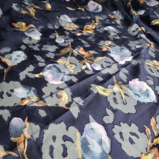 UNBOXING-rose Garden Bloom - Burnout pattern Poly/Silk Woven - Navy Multi Floral - 1.5M Bundle - FABCYCLE Deadstock and Sustainble Fabrics and Sewing Supplies (6569541402737)