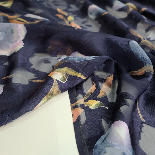 UNBOXING-rose Garden Bloom - Burnout pattern Poly/Silk Woven - Navy Multi Floral - 1.5M Bundle - FABCYCLE Deadstock and Sustainble Fabrics and Sewing Supplies (6569541402737)