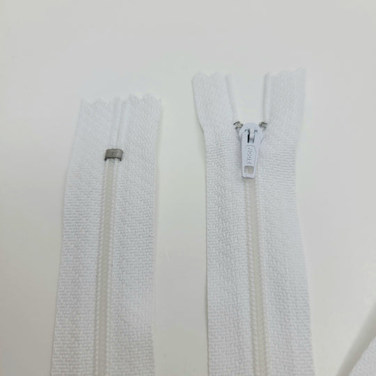 19" Zoom Locking Zipper Head - Coil Zipper - Closed End - White - FABCYCLE Deadstock and Sustainble Fabrics and Sewing Supplies (6603032494193)