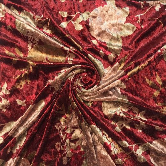 Fancy Tea Party - Knitted Velour Polyester Blend Knit - Burgundy/Beige Floral - 3.5M Bundle (6603376427121)