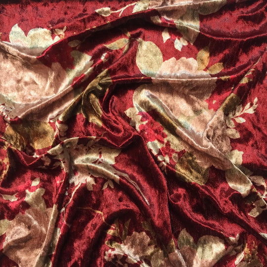 Fancy Tea Party - Knitted Velour Polyester Blend Knit - Burgundy/Beige Floral - 3.5M Bundle (6603376427121)
