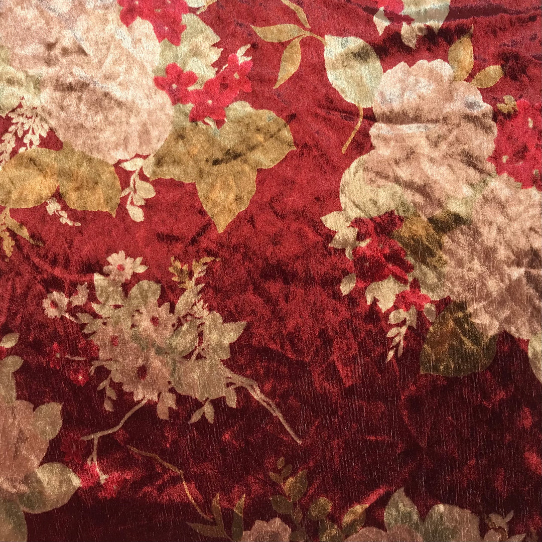 Fancy Tea Party - Knitted Velour Polyester Blend Knit - Burgundy/Beige Floral - 3.5M Bundle (6603376427121)