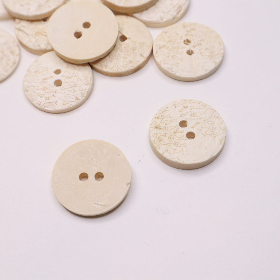 22mm Flat Button - Pressed Paper - Small Fish Carving Detail - Individual - FABCYCLE Deadstock and Sustainble Fabrics and Sewing Supplies (4641346224241)