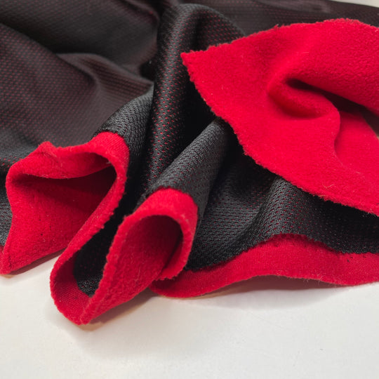 Tracksuit Reign - With Fleece Backing Poly Knit - Black/Red - 1/2 Meter - FABCYCLE Deadstock and Sustainble Fabrics and Sewing Supplies (6672811917425)