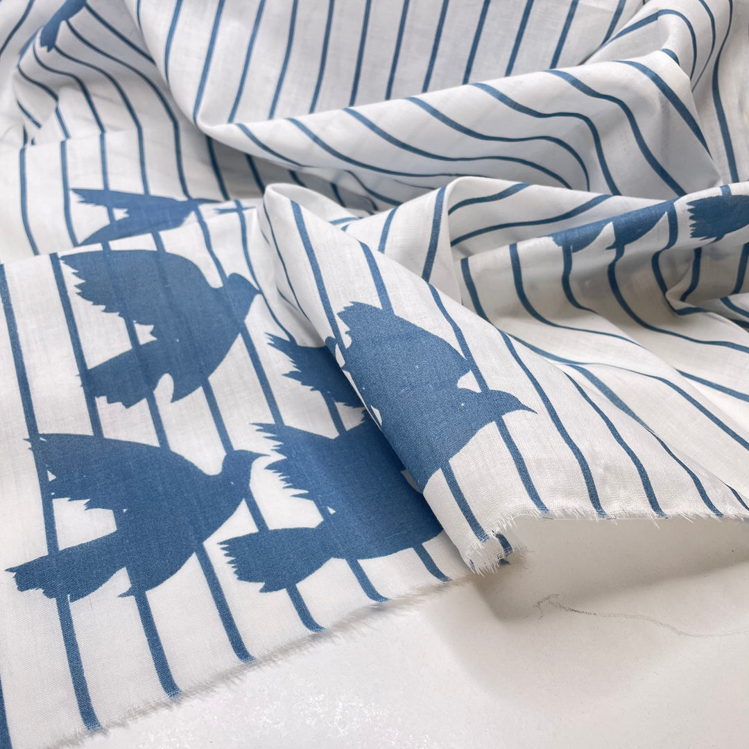 Flock Of Fellows - Cotton Woven - White/Blue Stripes And Birds - Bundles - FABCYCLE Deadstock and Sustainble Fabrics and Sewing Supplies (6738265636977)