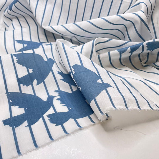 Flock Of Fellows - Cotton Woven - White/Blue Stripes And Birds - Bundles - FABCYCLE Deadstock and Sustainble Fabrics and Sewing Supplies (6738265636977)