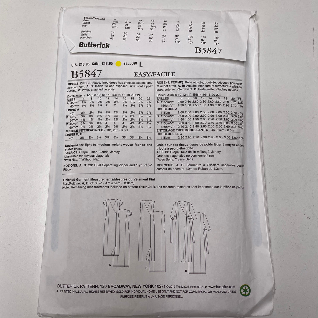 Sewing Pattern - Womenswear - Butterick B5847 (6691316007025)