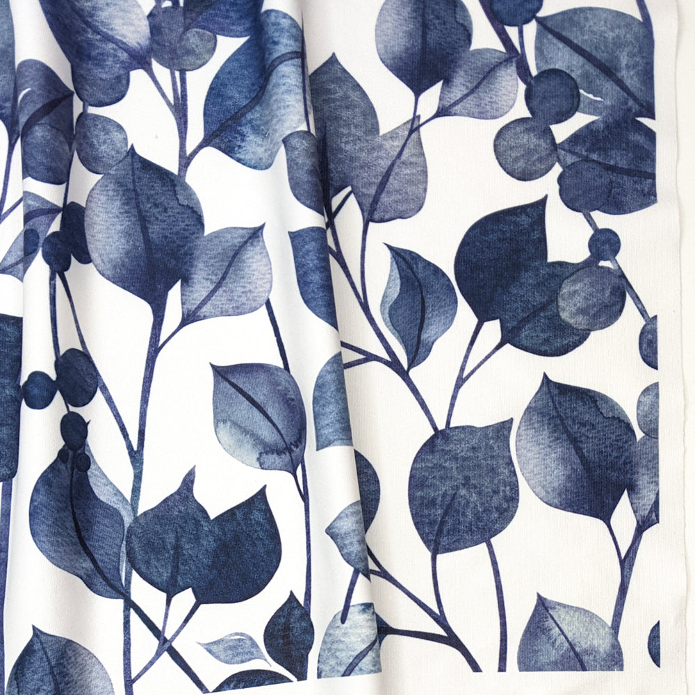 Falling Leaves - Waterproof Poly/Spandex Knit - White/Navy Leaves - 0.8M Bundle - FABCYCLE Deadstock and Sustainble Fabrics and Sewing Supplies