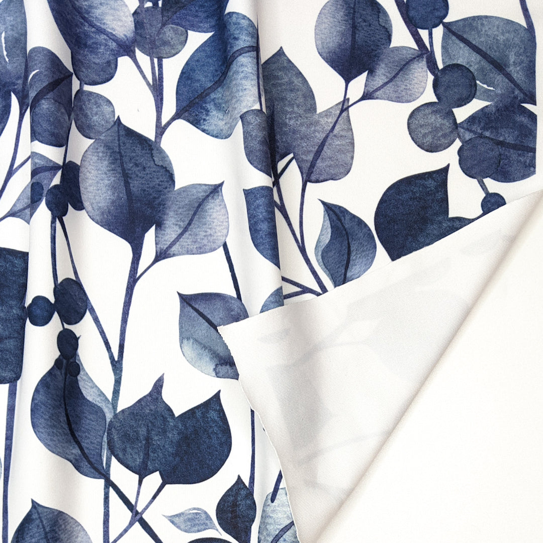 Falling Leaves - Waterproof Poly/Spandex Knit - White/Navy Leaves - 0.8M Bundle - FABCYCLE Deadstock and Sustainble Fabrics and Sewing Supplies