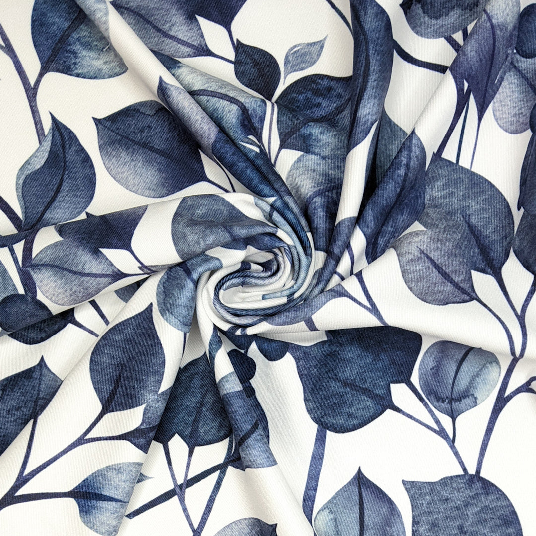 Falling Leaves - Waterproof Poly/Spandex Knit - White/Navy Leaves - 0.8M Bundle - FABCYCLE Deadstock and Sustainble Fabrics and Sewing Supplies