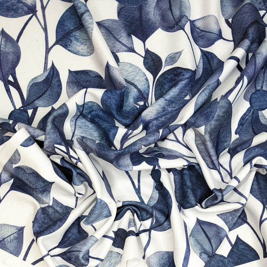 Falling Leaves - Waterproof Poly/Spandex Knit - White/Navy Leaves - 0.8M Bundle - FABCYCLE Deadstock and Sustainble Fabrics and Sewing Supplies