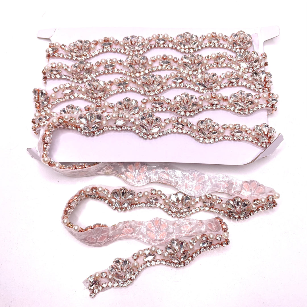 1" (25mm) Rhinestones Scalloped  Rhinestone And Pearls Trim - White/Rose Gold - 1M (6773184888945)