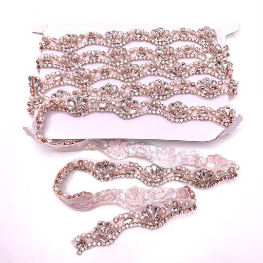 1" (25mm) Rhinestones Scalloped  Rhinestone And Pearls Trim - White/Rose Gold - 1M (6773184888945)