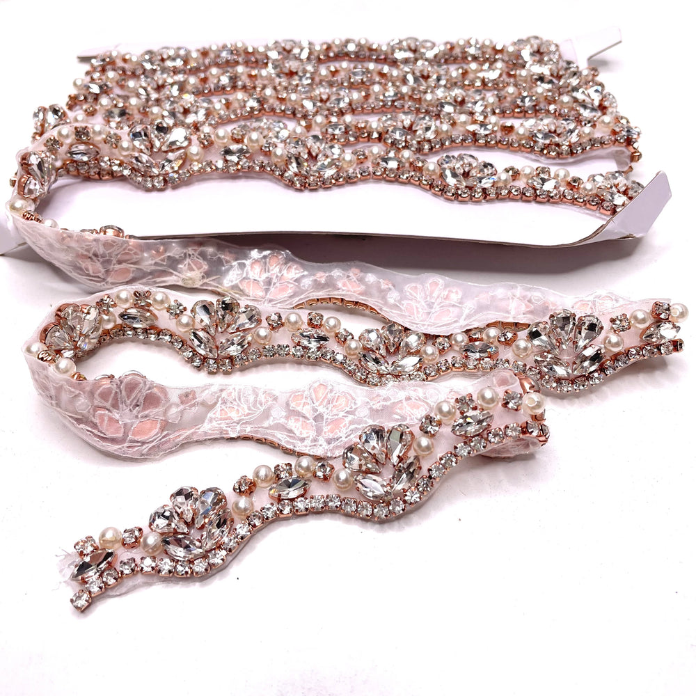 1" (25mm) Rhinestones Scalloped  Rhinestone And Pearls Trim - White/Rose Gold - 1M (6773184888945)