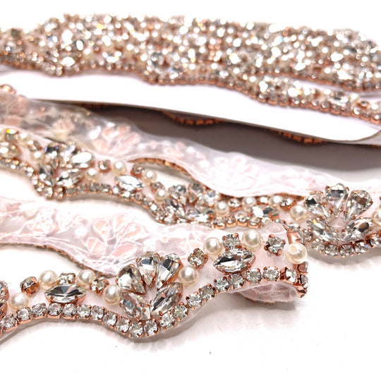 1" (25mm) Rhinestones Scalloped  Rhinestone And Pearls Trim - White/Rose Gold - 1M (6773184888945)