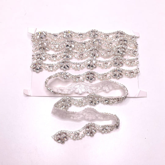 1" (25mm) Rhinestones Scalloped  Rhinestone And Pearls Trim - White/Silver - 1M (6773187444849)
