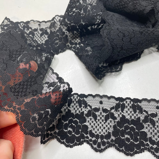 2 ¼" (59mm)  Scalloped Mesh Lace Trim - Black - 3M Bundle (6817853669489)
