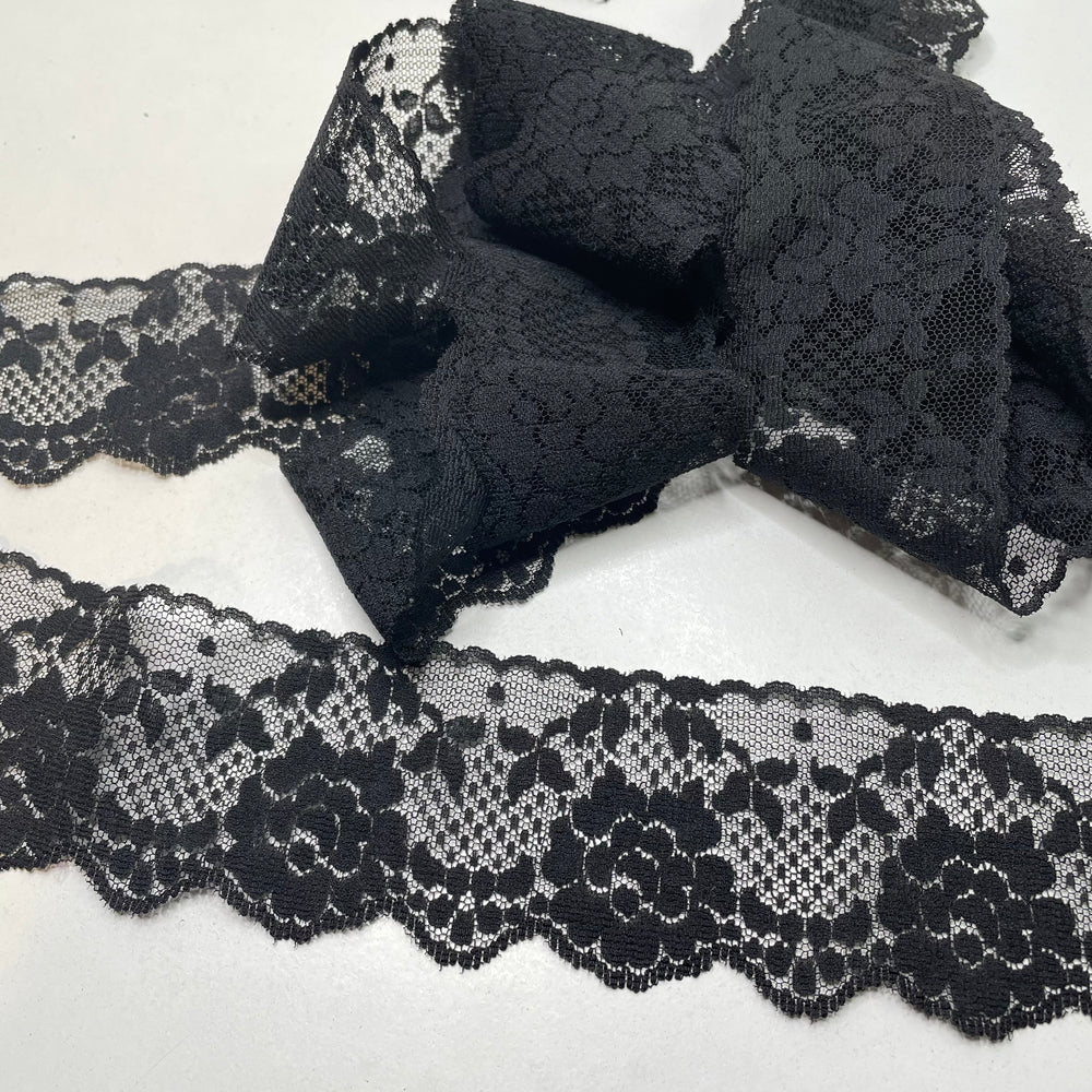 2 ¼" (59mm)  Scalloped Mesh Lace Trim - Black - 3M Bundle (6817853669489)