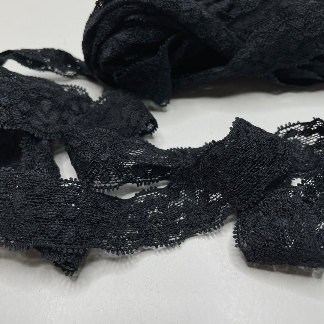 1" (25mm) Stretchy Scalloped Mesh Lace Trim - Black - 4M Bundle